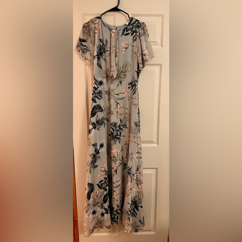 Baltic Born Cream and Blue Flutter Sleeve Maxi Dress for Wedding Guest